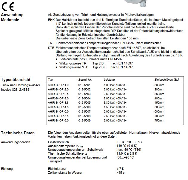 Askoma Heizstab Typ AHIR-BI-OP 3,8 kW 400V stufenlos DN 40 für Ohmpilot