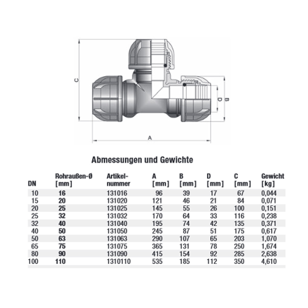 Gebo Plast T-Stück 20 25 32 40 50 63 PE Klemmfitting Abzweig Klemmverbinder