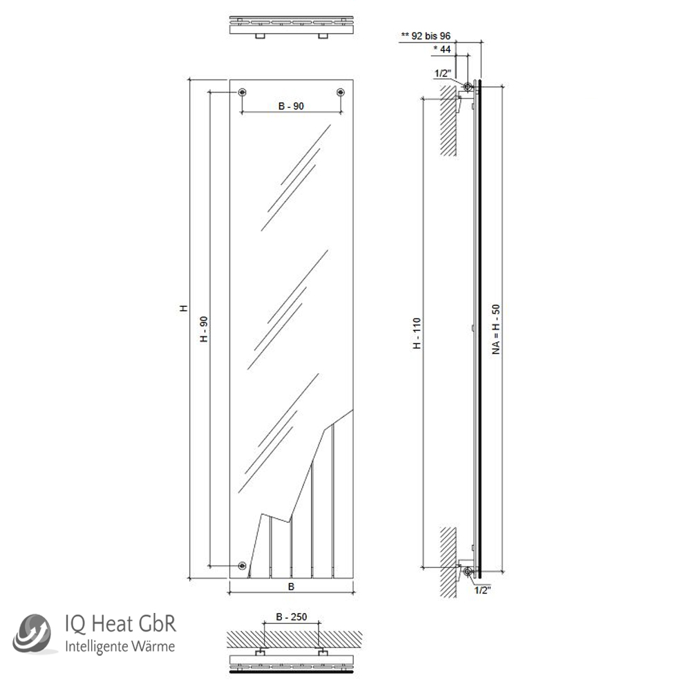 Design Paneelheizkörper Panio Crystal mit Spiegel Heizwand Vertikalheizkörper