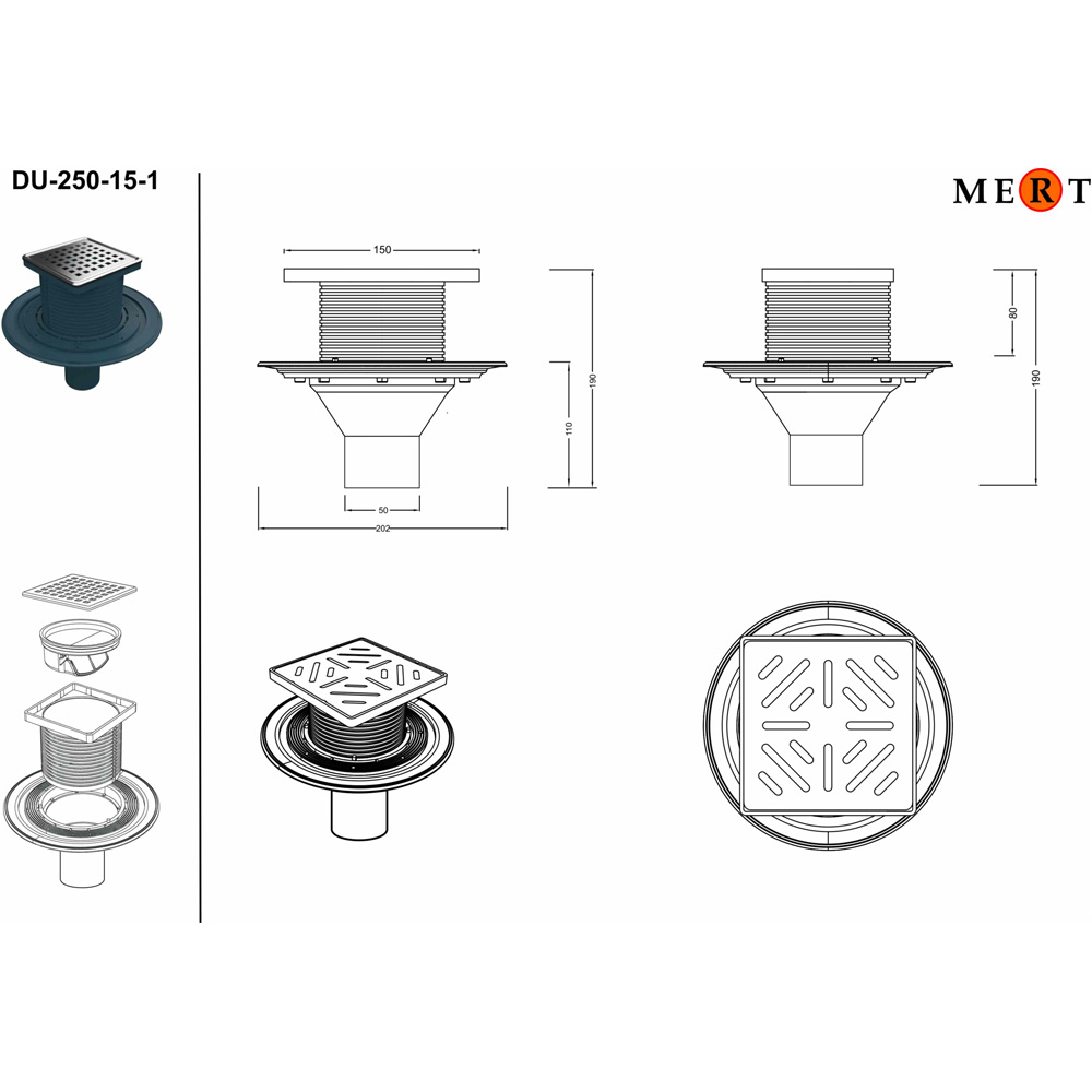 MERT Flach Bodenablauf Duschablablauf 150 x 150 mm Edelstahlrost DU-250-15-1