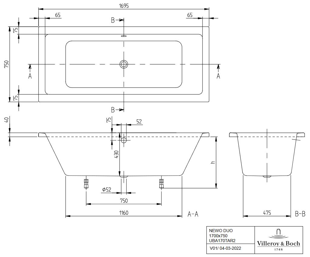 Duo Badewanne Acryl Villeroy & Boch NEWO 170 x 75 cm Inhalt 140 Liter Wanne