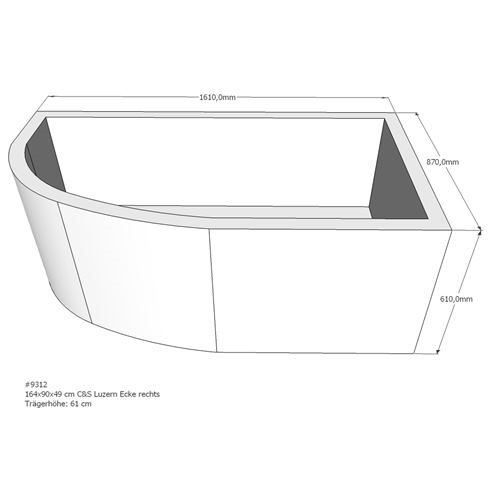 Acryl Raumsparwanne Luzern rechts 164 x 90 cm weiß Wanne Styropor Wannenträger