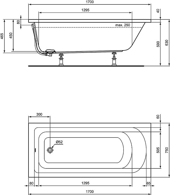 Acryl Badewanne Ideal Standard Emil 170 x 75 Komplettset Multiplex Körperform