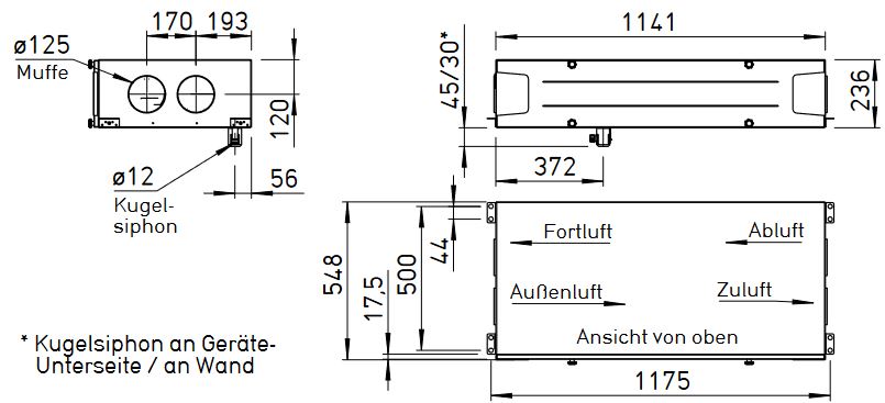 Helios Lüftungsgerät KWL 220 D L mit WRG für Deckenmontage Linksausführung