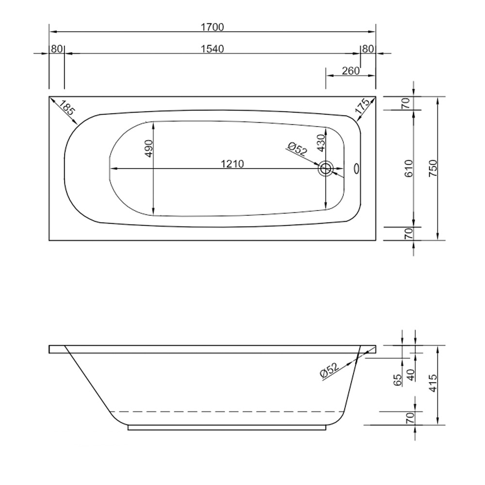 Acryl Badewanne Korana 170 x 75 x 41,5 cm weiß rechteck Wanne