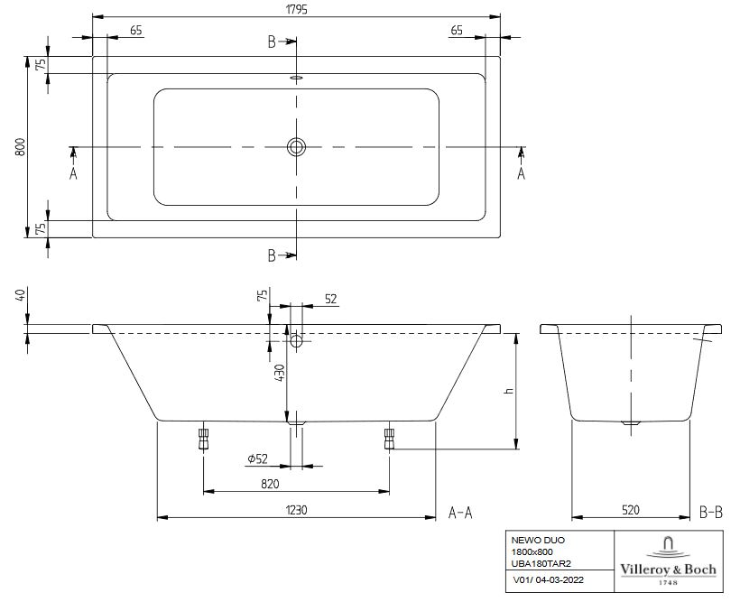 Duo Badewanne Acryl Villeroy & Boch NEWO 180 x 80 cm Inhalt 175 Liter Wanne