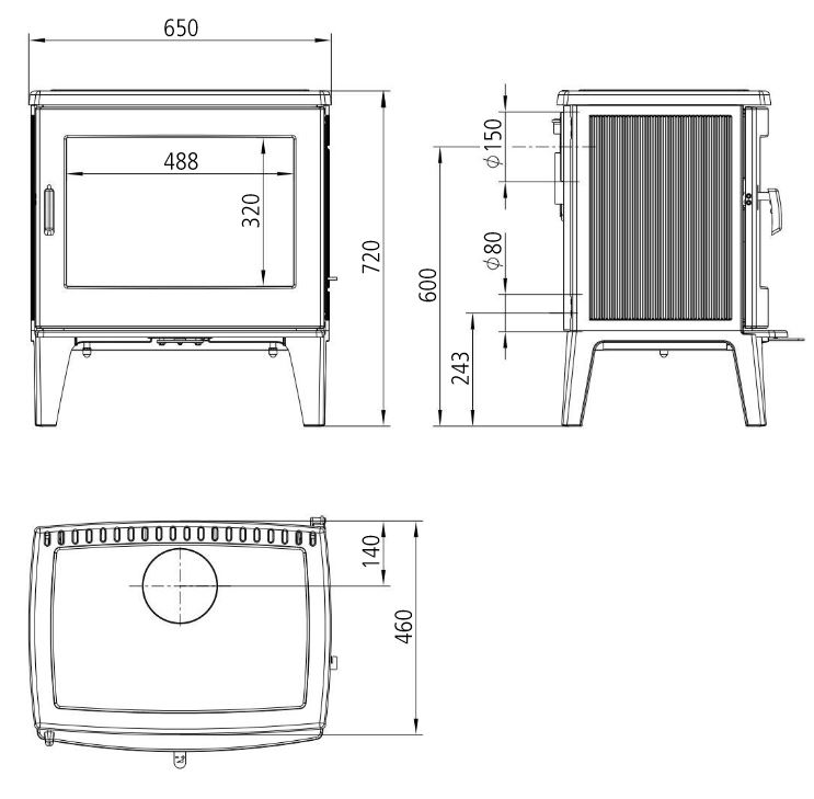 Guss Kaminofen Leda Allegra 8 KW schwarz lackiert Werkstattofen Kamin Höhe 60 cm