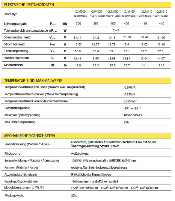 PV Modul Photovoltaik QJ Solar QJM405-108HC (10BB) 405 Watt Rahmen silber