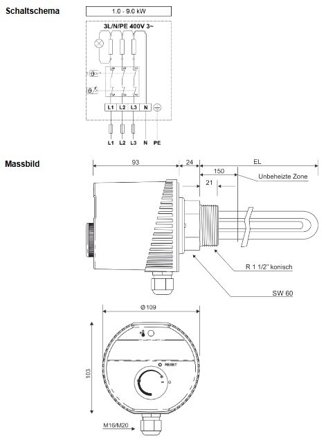 Askoma Heizstab Typ AHIR-BI-OP 3,0kW 400V stufenlos DN 40 für Ohmpilot