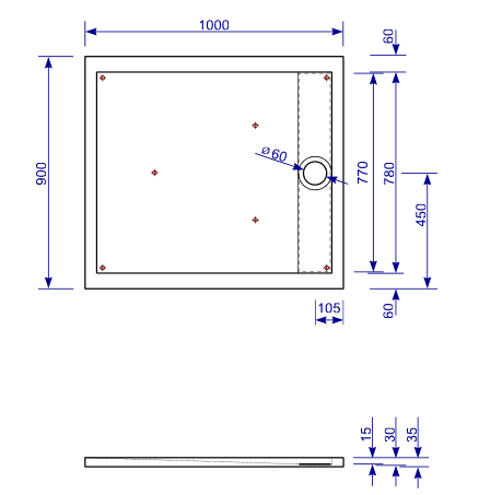 Mineralguss Duschwanne Planline E 100 x 90 cm Duschtasse Duschbecken Ablauf