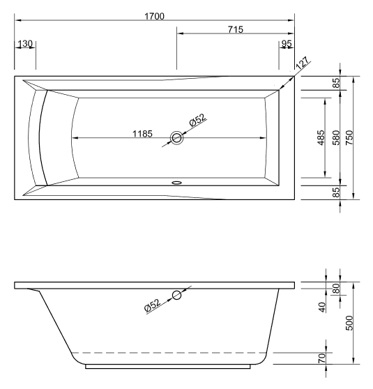 Acryl Badewanne Dora 170 x 75 cm links weiß Wanne Styropor Wannenträger rechteck