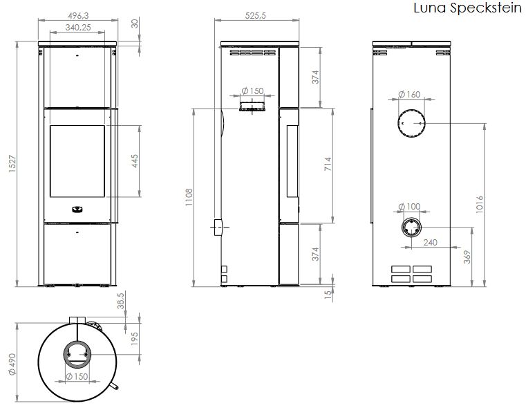 Kamin Kaminofen Fireplace Luna Speckstein RLU K6033 Stahl schwarz 5,0 kW