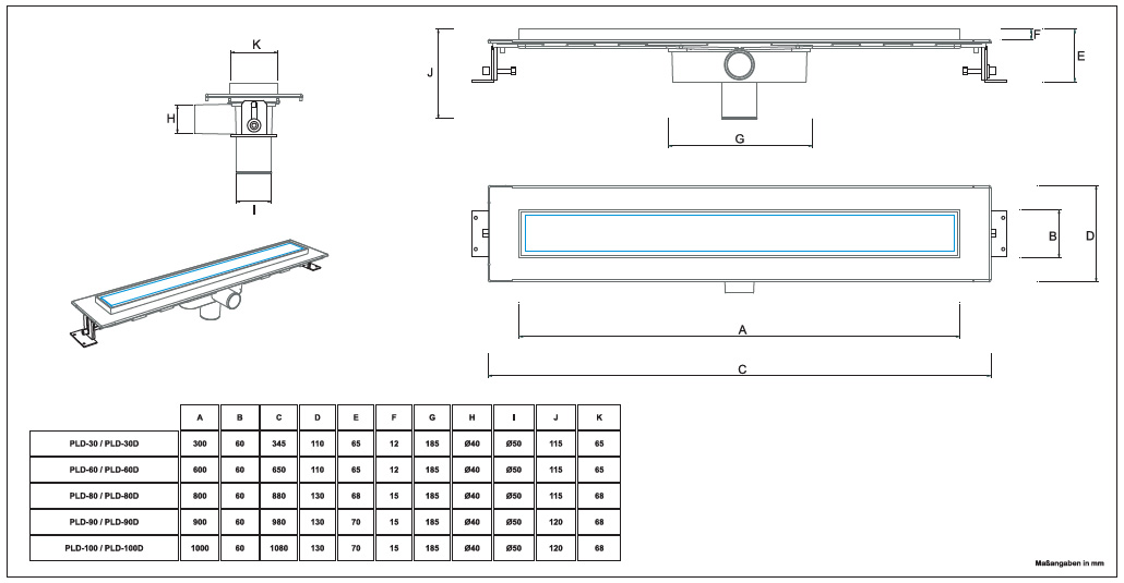 Bodenablauf Duschablauf Duschrinne mit Design-Edelstahlrost "Square" 300 - 1000