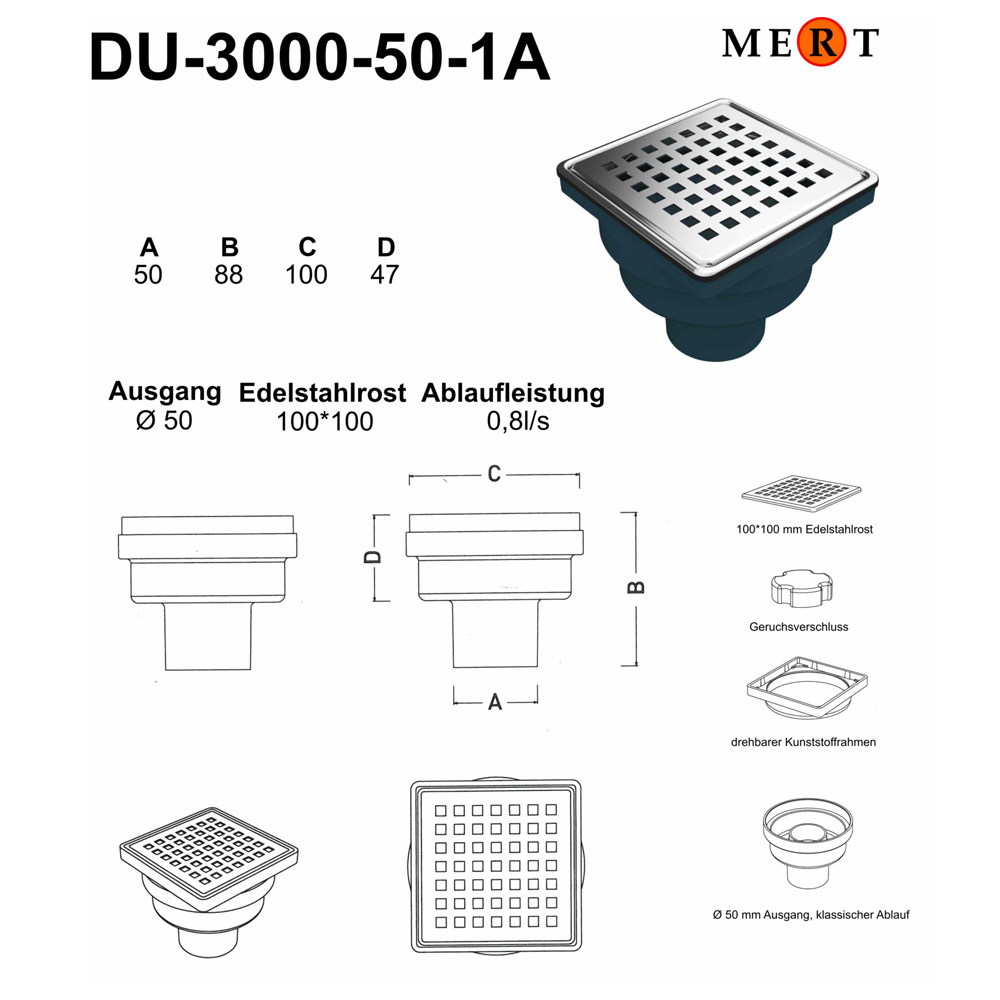 MERT Flach Bodenablauf Duschablablauf 100 x 100 mm Edelstahlrost DU-3000-50-1A