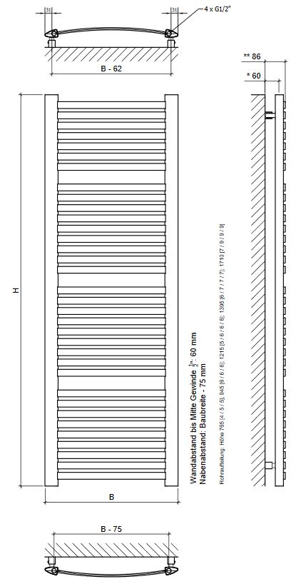 Design Badheizkörper Luina - Handtuchheizkörper Radiator Badwärmer RAL9003