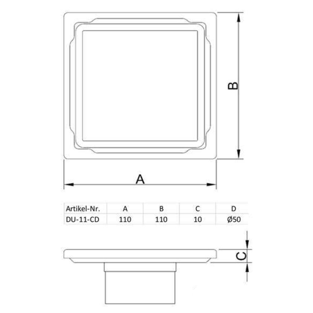 MERT Flach Bodenablauf Duschablablauf 110x110 mm Glas Abdeckung Black Schwarz